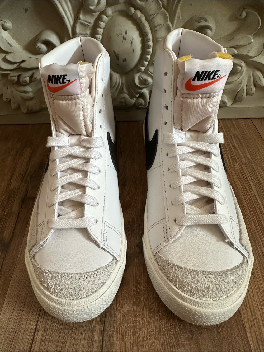 Nike White & Black High-Top Leather Sneakers with Orange Tongue Accent